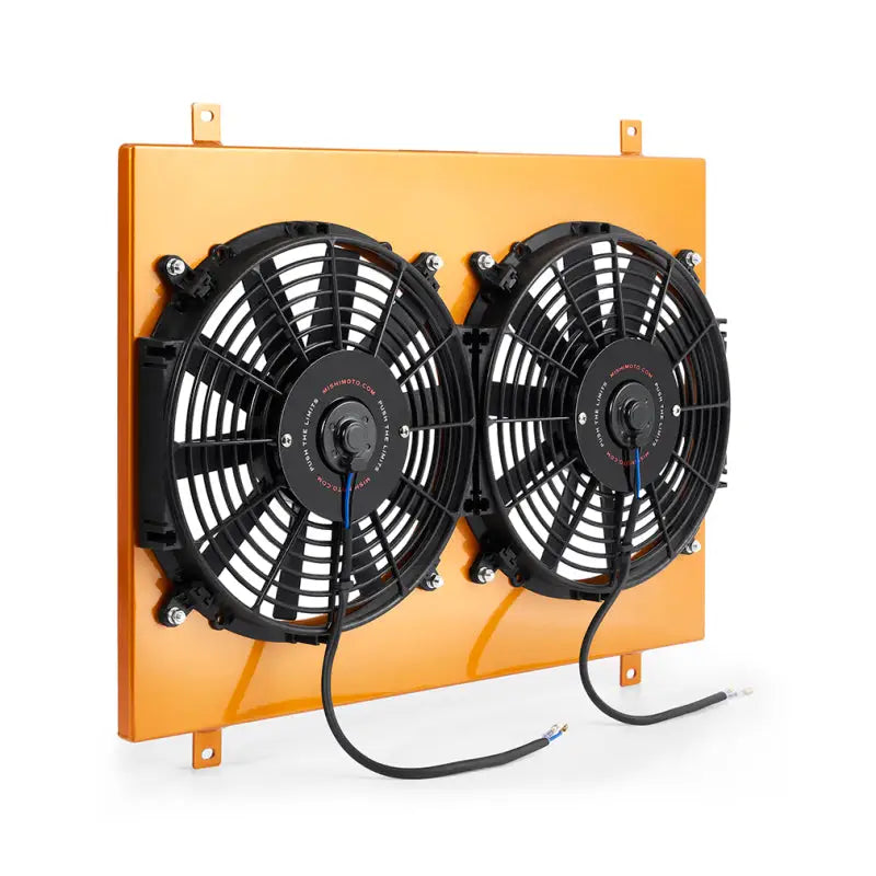 Dual electric cooling fans on orange aluminum fan shroud for Ford Mustang upgrades