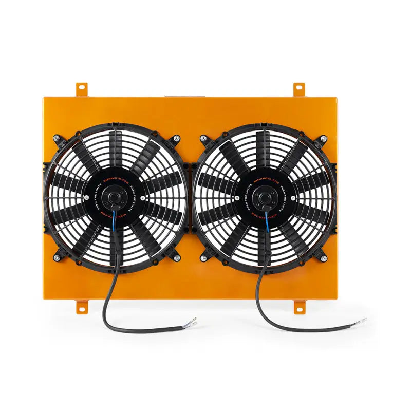 Orange dual electric cooling fans with aluminum fan shroud for Ford Mustang cooling upgrade