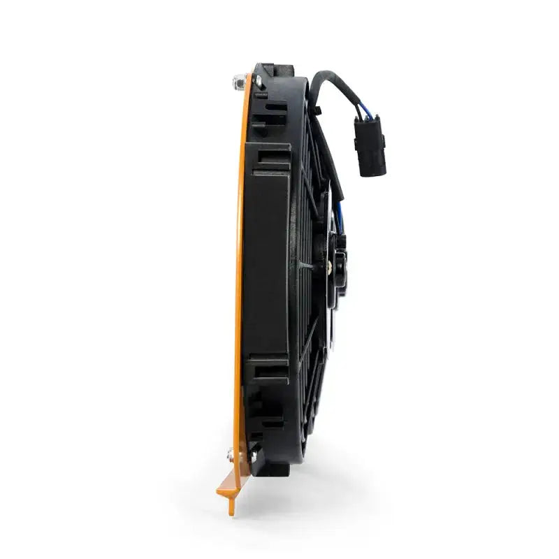 Black and orange cooling fan with electrical connector for Jeep Cherokee performance aluminum fan shroud