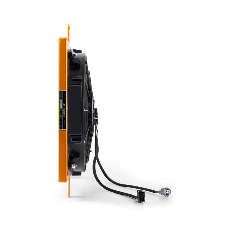Orange-framed electric cooling fan with wiring, Mishimoto aluminum fan shroud for Mazdas