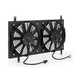 Dual electric radiator fan assembly in Mishimoto aluminum fan shroud kit for Mazda Miata