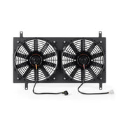 Dual electric cooling fans on Mishimoto Mazda Miata aluminum fan shroud kit in black