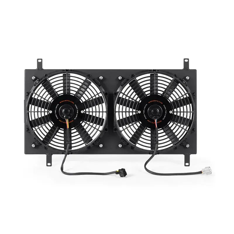 Dual electric cooling fans on Mishimoto Mazda Miata aluminum fan shroud kit in black