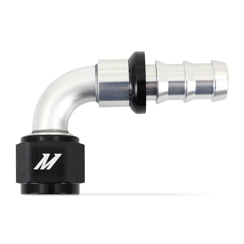 Silver and black 90 degree push lock fitting for Mishimoto 10AN cooling setup