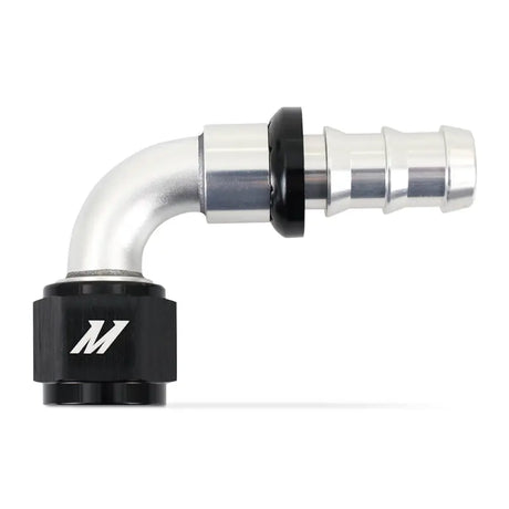 Silver and black 90 degree push lock fitting for Mishimoto 10AN cooling setup