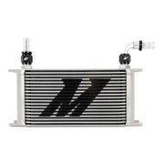 Silver oil cooler with black fittings for Mishimoto 90 Degree Push Lock Fitting