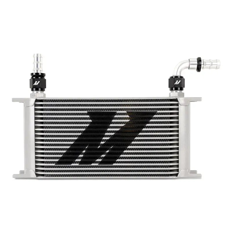 Silver oil cooler with black fittings for Mishimoto 90 Degree Push Lock Fitting