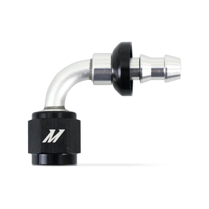 Silver and black Mishimoto 90-degree push lock fitting 4AN for easy hose connection