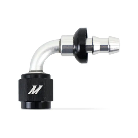 Silver and black Mishimoto 90-degree push lock fitting 4AN for easy hose connection