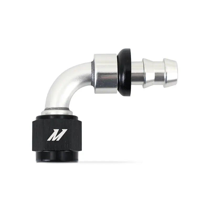 Silver and black Mishimoto 90 degree push lock fitting for 6AN hoses