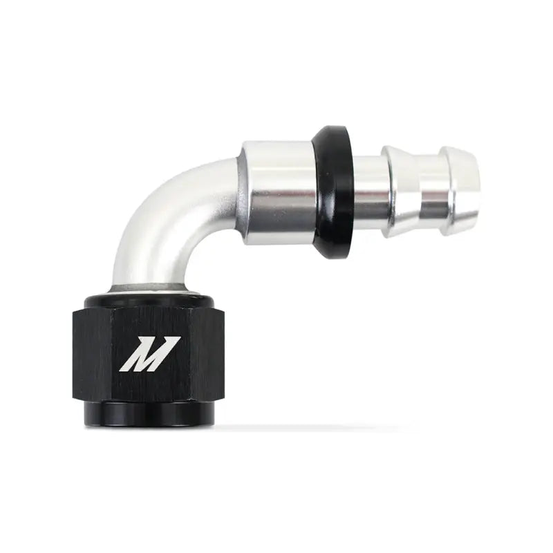 Silver and black 90 degree push lock fitting for Mishimoto 8AN degree push lock fittings