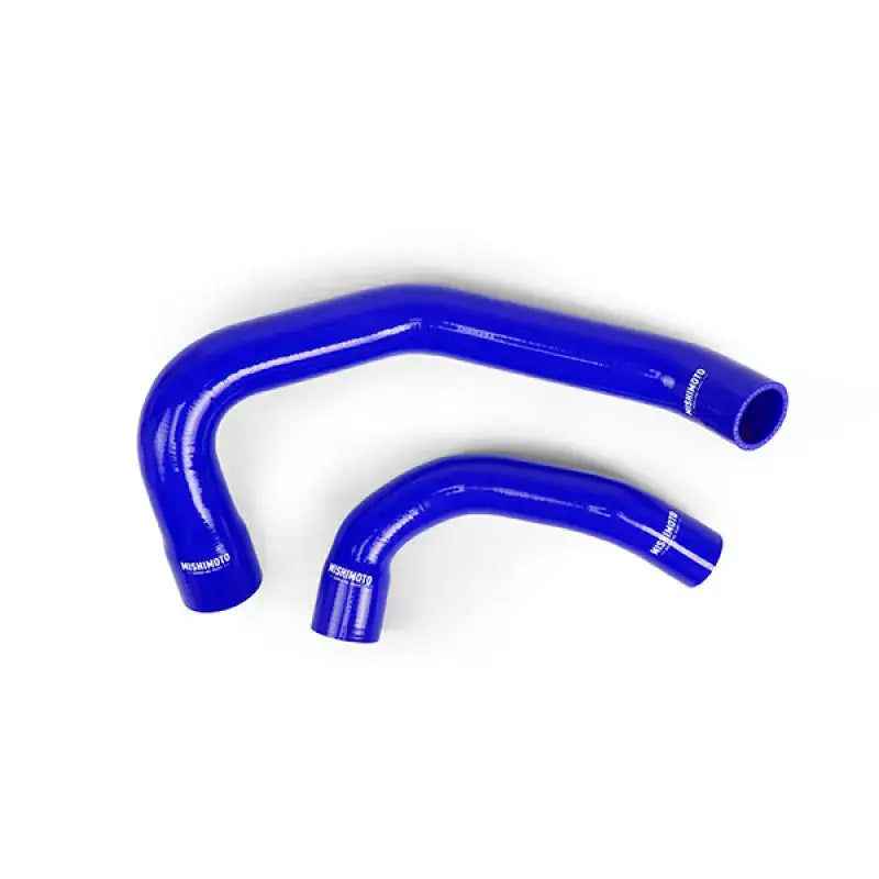 Two blue silicone hoses from Mishimoto Jeep Wrangler silicone hose kit
