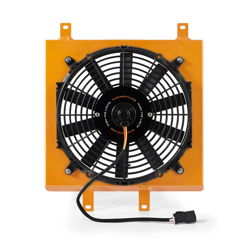 Orange-framed electric cooling fan in Mishimoto Honda Civic aluminum fan shroud