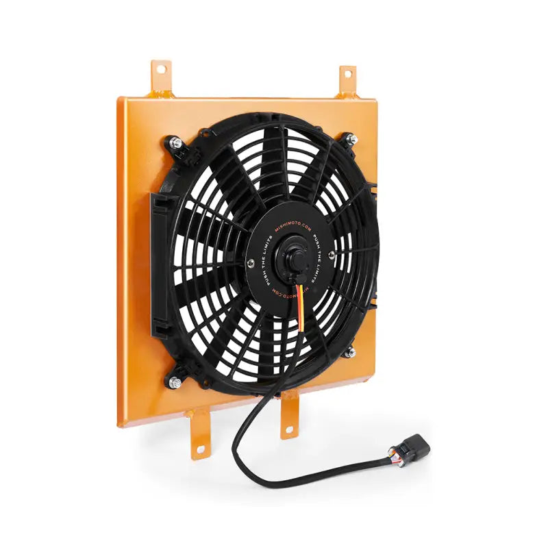 Orange-framed black electric fan with wiring on Mishimoto Honda Civic aluminum fan shroud