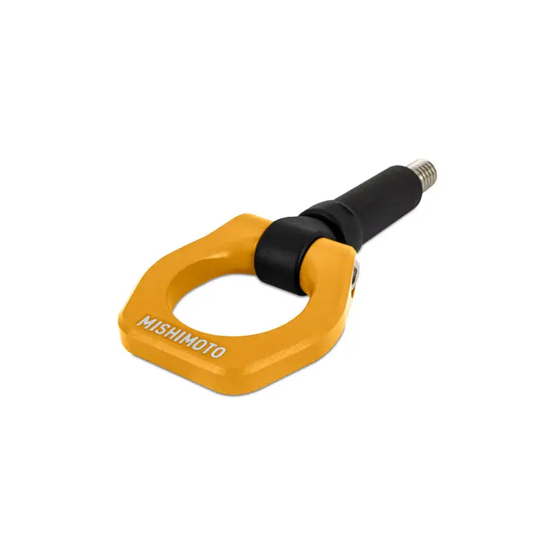 Yellow Mishimoto tow hook for BMW E36 with gold racing finish, easy to install