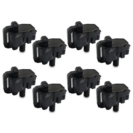 Eight black ignition coils from Mishimoto GM LS1 ignition coil set for easy engine tune-up