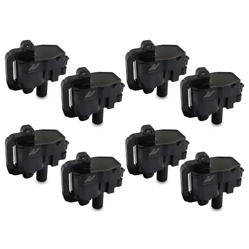 Eight black ignition coils from Mishimoto GM LS1 ignition coil set for easy engine tune-up