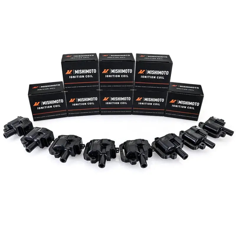 Black ignition coil set and boxes for Mishimoto 97-02 GM LS1 engine ignition coils
