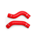 Two red silicone hoses from Mishimoto Subaru Impreza silicone hose kit for better cooling