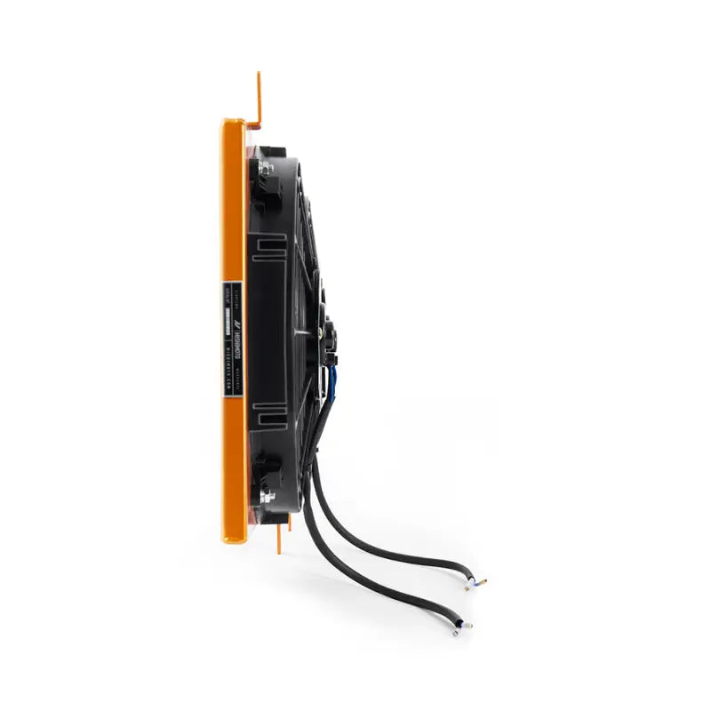 Orange-framed black radiator with wires in aluminum fan shroud for Mazda Miata