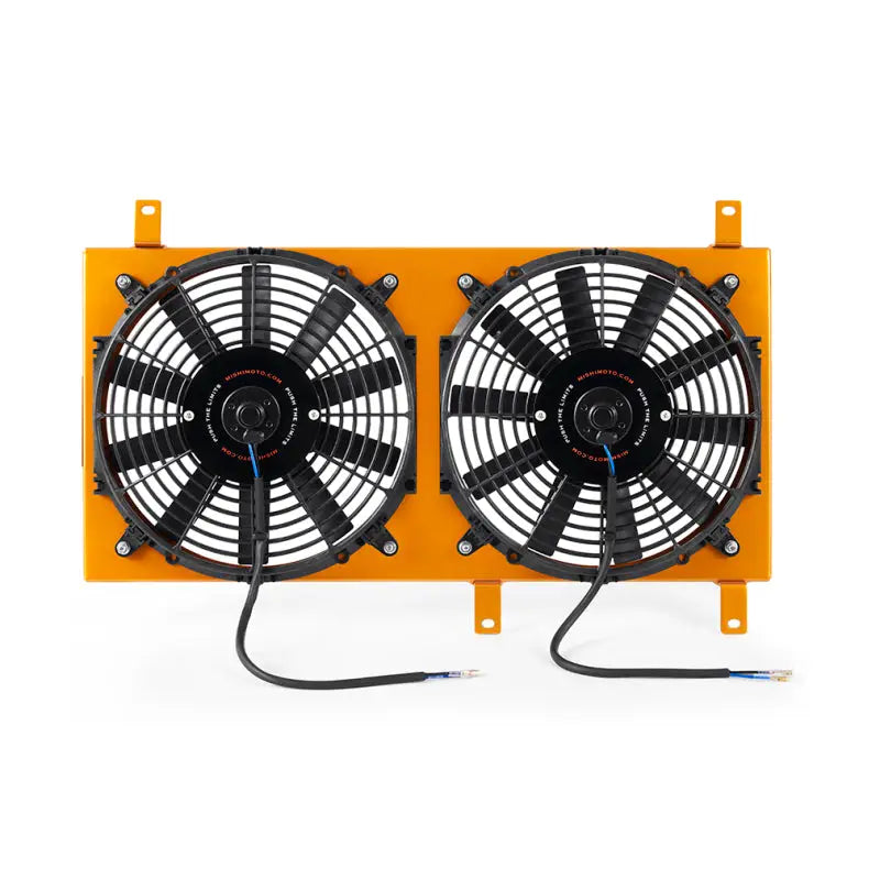 Dual electric fan shroud with yellow mounting bracket for Mazda Miata aluminum fan shroud