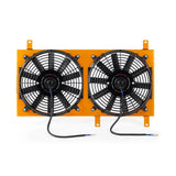 Dual electric fan shroud with yellow mounting bracket for Mazda Miata aluminum fan shroud