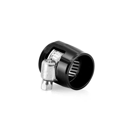 Black plastic hose adapter with metal clamp for Mishimoto -12AN hex finishers
