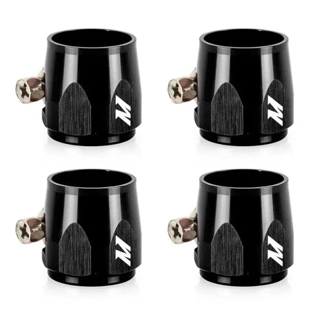 Four black Mishimoto Hex Finishers for -12AN Hex fittings in automotive setup