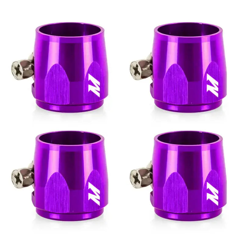 Four purple Mishimoto Aluminum -12AN Hex Finishers hose clamps for automotive use