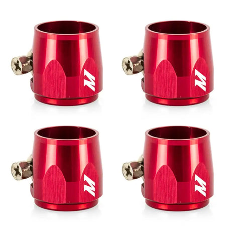 Four red mishimoto aluminum -12an hex finishers hose clamps for better fitting