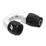 Silver and black mishimoto aluminum -6an 180 degree fitting for great hose connections
