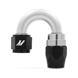 Silver and black mishimoto aluminum -6an 180 degree fitting for seamless hose connection
