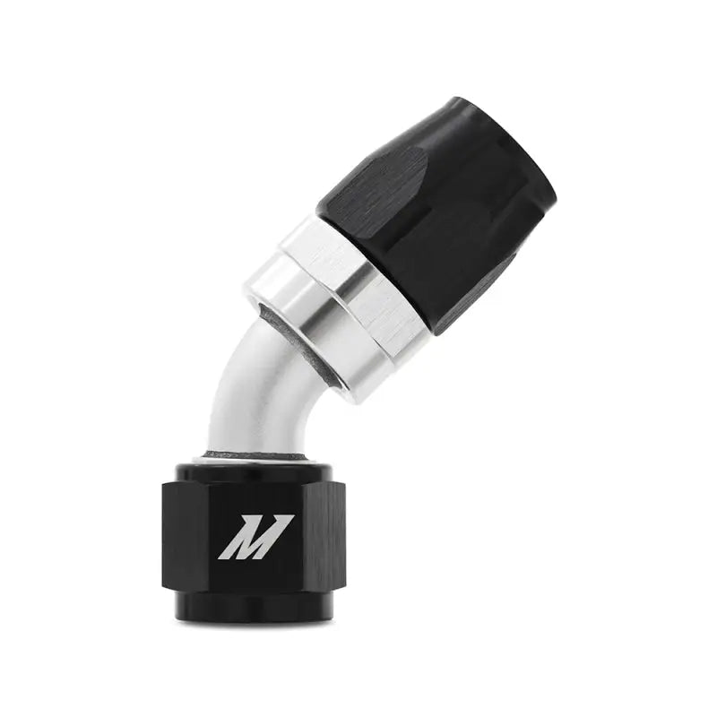 Black and silver Mishimoto Aluminum -6AN 45 Degree Fitting for hoses