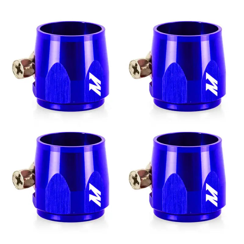 Four blue anodized Mishimoto Aluminum -6AN hex finishers for hose finishing