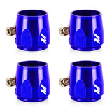 Four blue anodized Mishimoto Aluminum -6AN hex finishers for hose finishing