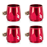 Four red Mishimoto Aluminum -6AN Hex Finishers hose clamps for better fitment