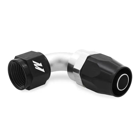 Black and silver Mishimoto Aluminum -8AN 90 Degree Fitting for hoses