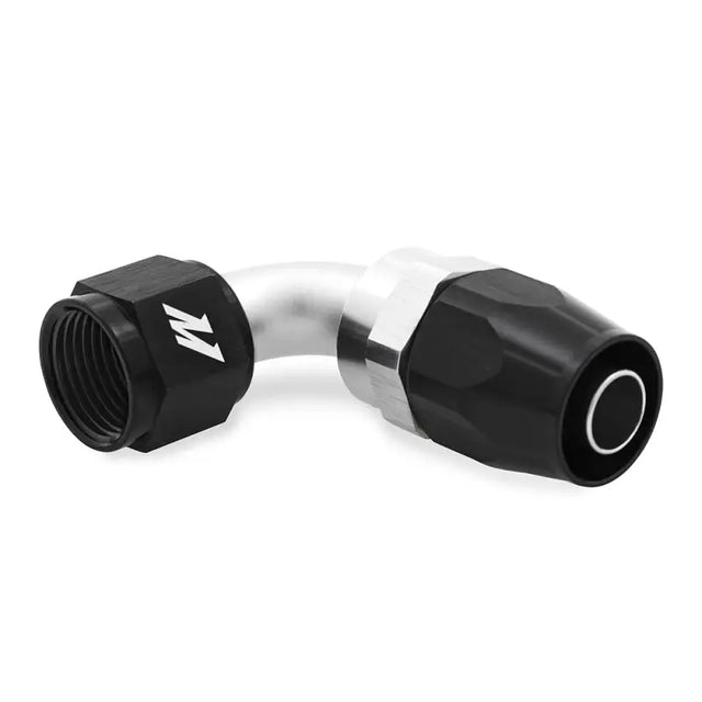 Black and silver Mishimoto Aluminum -8AN 90 Degree Fitting for hoses