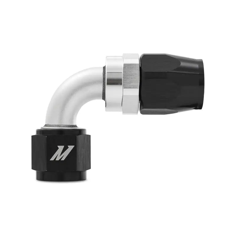 Black and silver Mishimoto Aluminum -8AN 90 Degree Fitting for car hoses