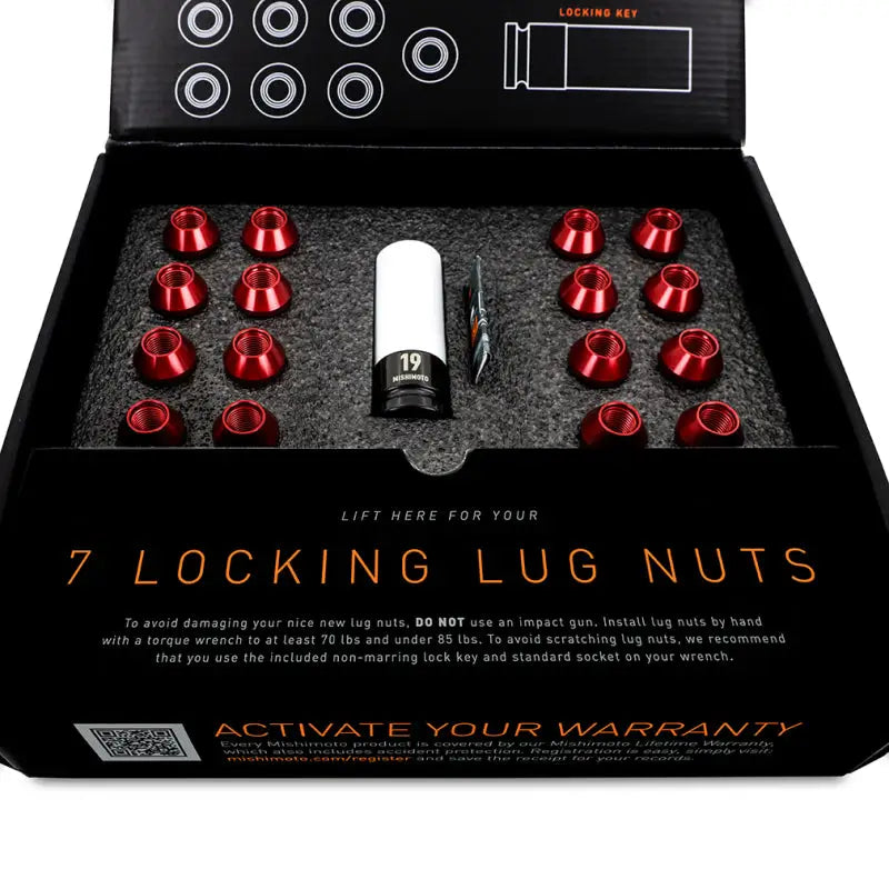 Red lug nut set featuring Mishimoto Aluminum Locking Lug Nuts 1/2 X 20 Neo Chrome