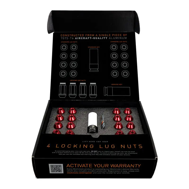 Mishimoto Aluminum Locking Lug Nuts M12x1.25 20pc Set Black, in packaging, constructed from 7075-T6 aluminum, with 16 standard, 4 locking lug nuts, non-marring socket, and key.