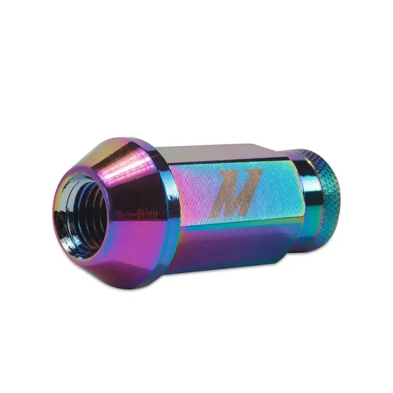 Mishimoto Aluminum Locking Lug Nut M12x1.25 Neo Chrome with "M" logo, featuring a vibrant, corrosion-resistant finish.