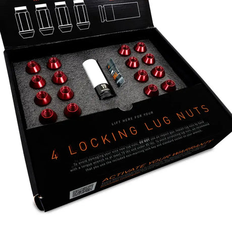 Mishimoto Aluminum Locking Lug Nuts M12x1.5 20pc Set Red in open black packaging displaying 16 standard lug nuts, 4 locking lug nuts, a non-marring socket, and a non-marring key.