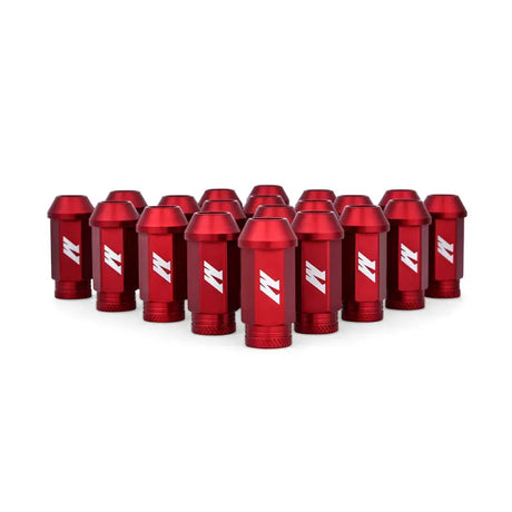 Mishimoto Aluminum Locking Lug Nuts M12x1.5 20pc Set in Red, featuring a lightweight and durable design with knurled ends for easy installation.