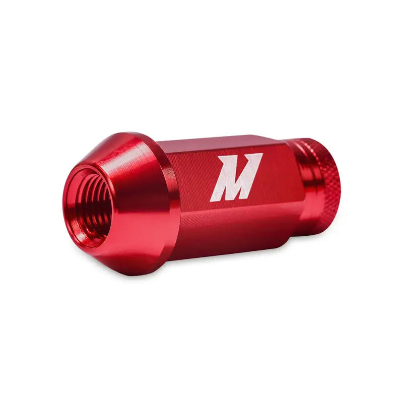 Mishimoto Aluminum Locking Lug Nut M12x1.5 in red, designed for high performance and stylish vehicle upgrading.