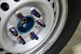 Car wheel with iridescent locking lug nuts from Mishimoto Aluminum Locking Lug Nuts set