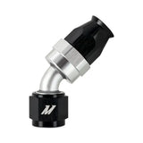 Black and silver Mishimoto Aluminum PTFE -4AN 45 Degree Fitting for turbo setups