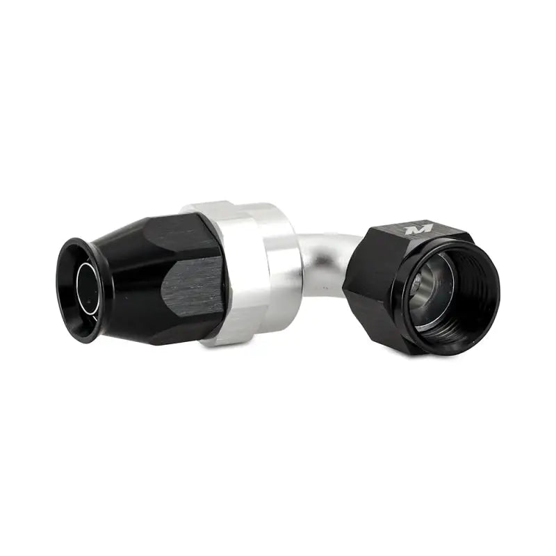 Black and silver Mishimoto Aluminum PTFE -4AN 90 degree hose fitting for performance builds