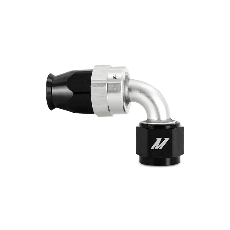 Mishimoto Aluminum PTFE -4AN 90 Degree Fitting in black and silver for quick connections