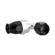 Black and silver Mishimoto Aluminum PTFE -4AN 90 degree hose fitting for performance builds